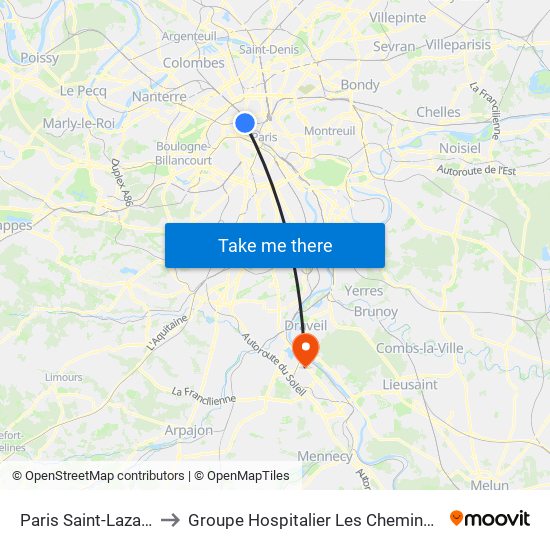Paris Saint-Lazare to Groupe Hospitalier Les Cheminots map