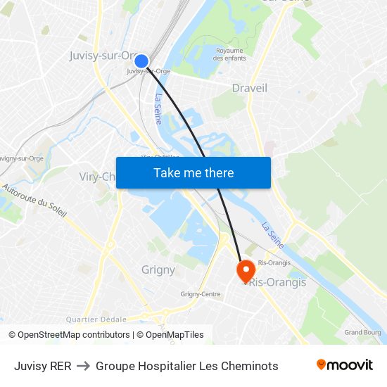 Juvisy RER to Groupe Hospitalier Les Cheminots map