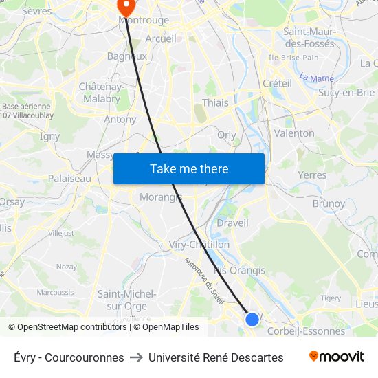 Évry - Courcouronnes to Université René Descartes map