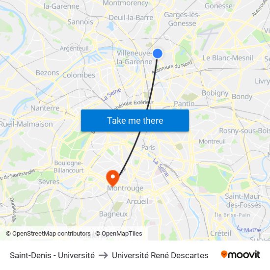 Saint-Denis - Université to Université René Descartes map