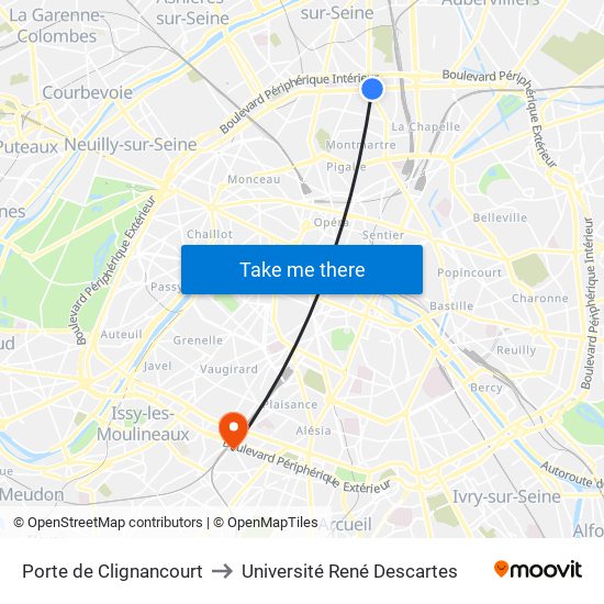 Porte de Clignancourt to Université René Descartes map