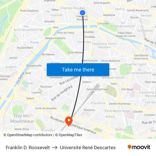 Franklin D. Roosevelt to Université René Descartes map
