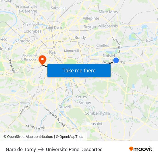 Gare de Torcy to Université René Descartes map