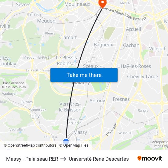 Massy - Palaiseau RER to Université René Descartes map