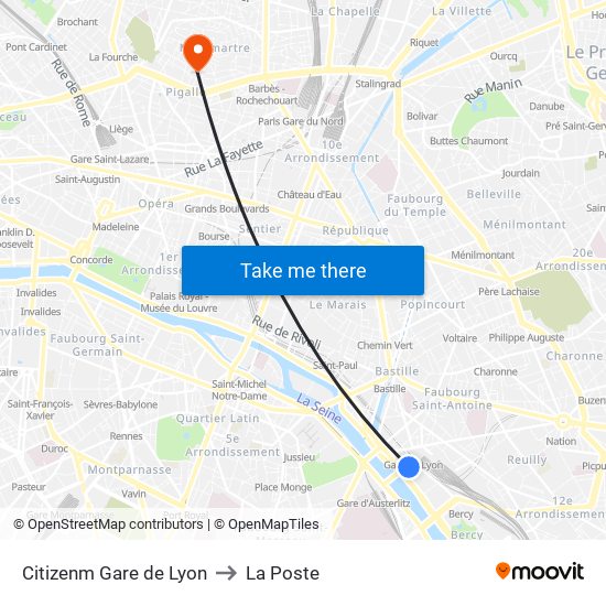 Citizenm Gare de Lyon to La Poste map