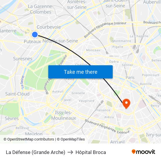 La Défense (Grande Arche) to Hôpital Broca map