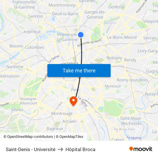 Saint-Denis - Université to Hôpital Broca map