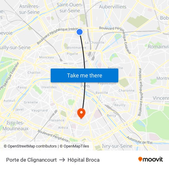 Porte de Clignancourt to Hôpital Broca map