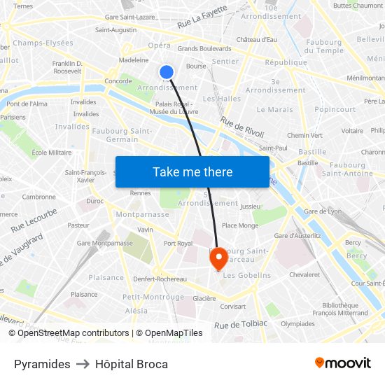 Pyramides to Hôpital Broca map