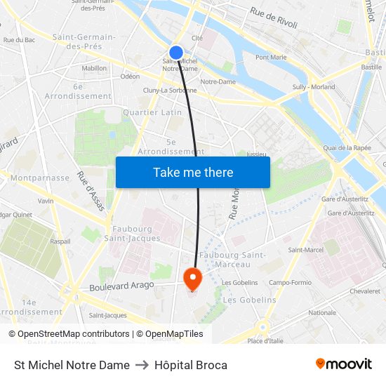 St Michel Notre Dame to Hôpital Broca map