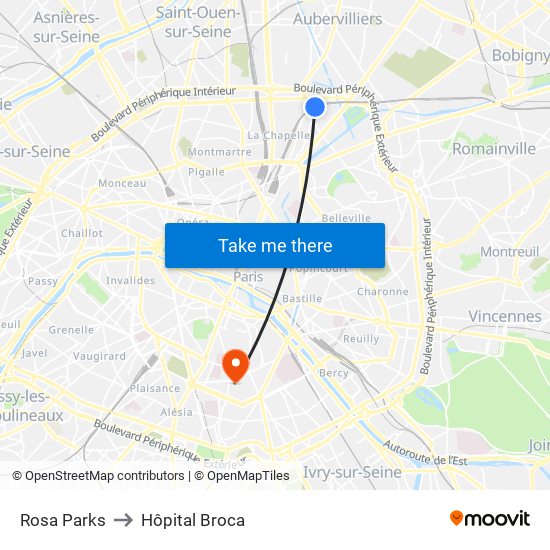 Rosa Parks to Hôpital Broca map