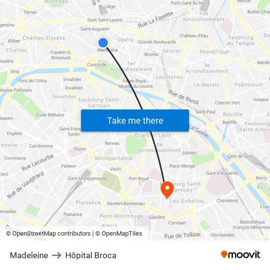 Madeleine to Hôpital Broca map