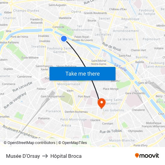 Musée D'Orsay to Hôpital Broca map