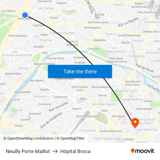 Neuilly Porte Maillot to Hôpital Broca map