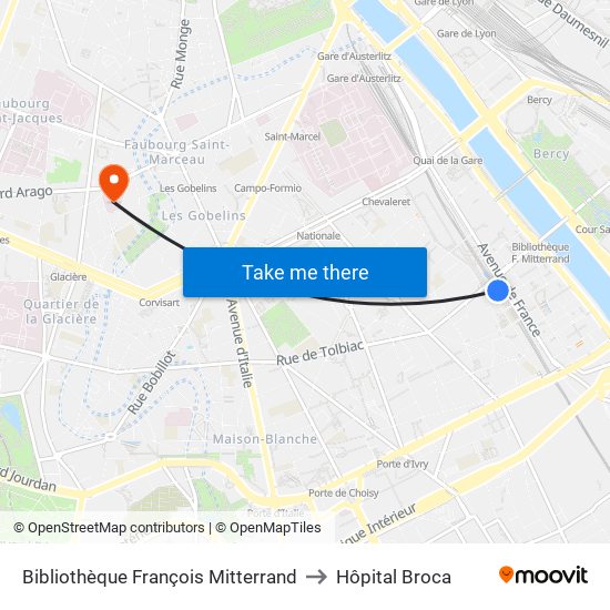 Bibliothèque François Mitterrand to Hôpital Broca map