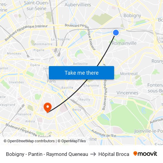 Bobigny - Pantin - Raymond Queneau to Hôpital Broca map