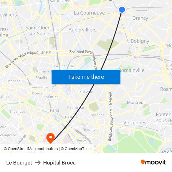 Le Bourget to Hôpital Broca map