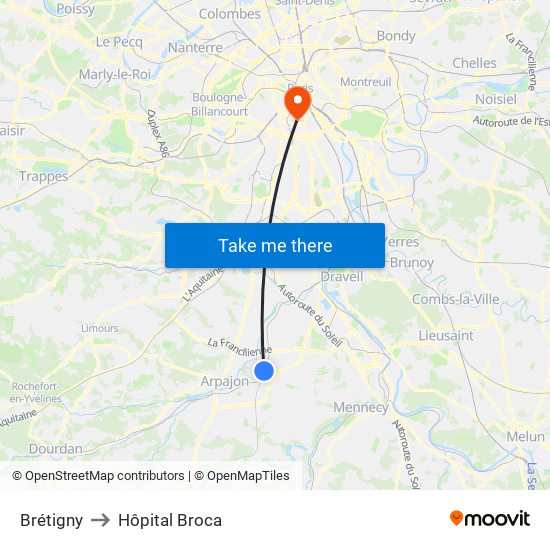 Brétigny to Hôpital Broca map