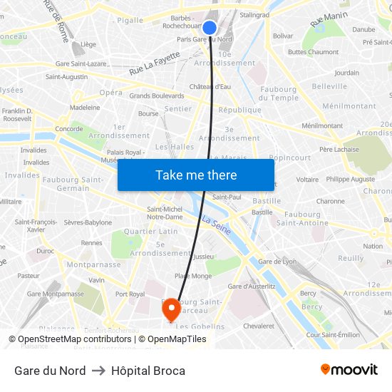 Gare du Nord to Hôpital Broca map