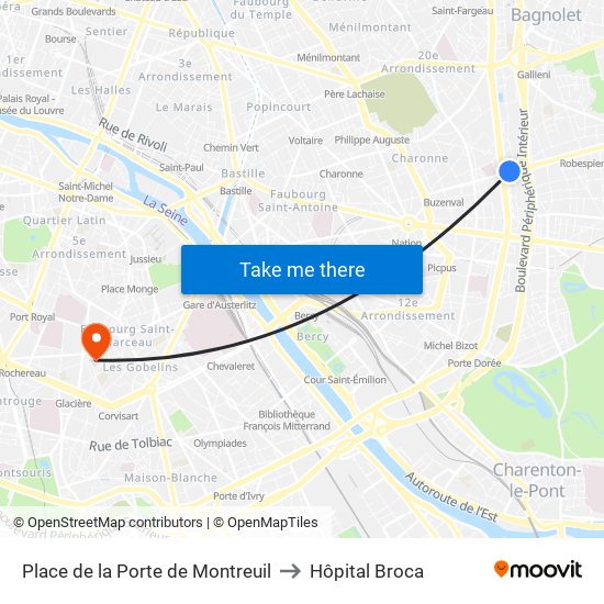 Place de la Porte de Montreuil to Hôpital Broca map
