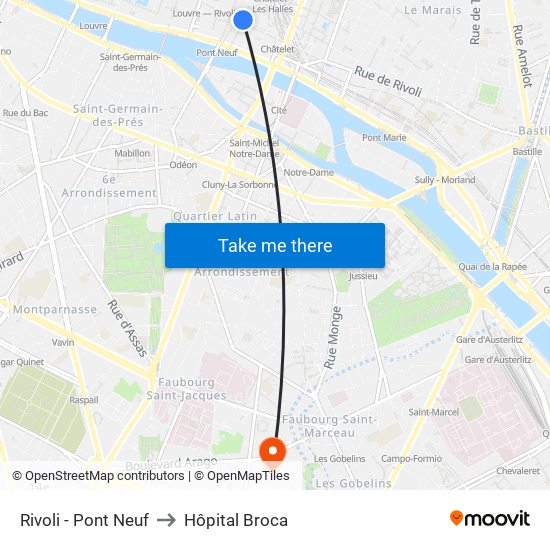 Rivoli - Pont Neuf to Hôpital Broca map
