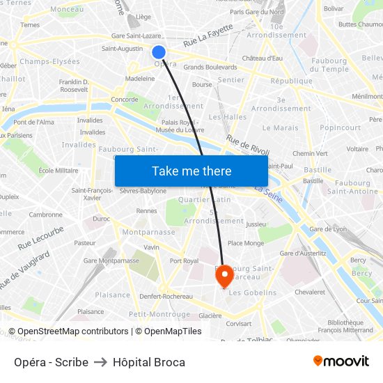 Opéra - Scribe to Hôpital Broca map