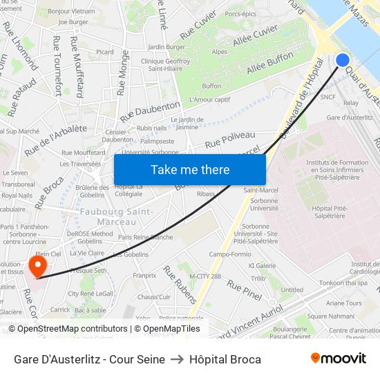 Gare D'Austerlitz - Cour Seine to Hôpital Broca map