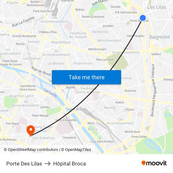 Porte Des Lilas to Hôpital Broca map