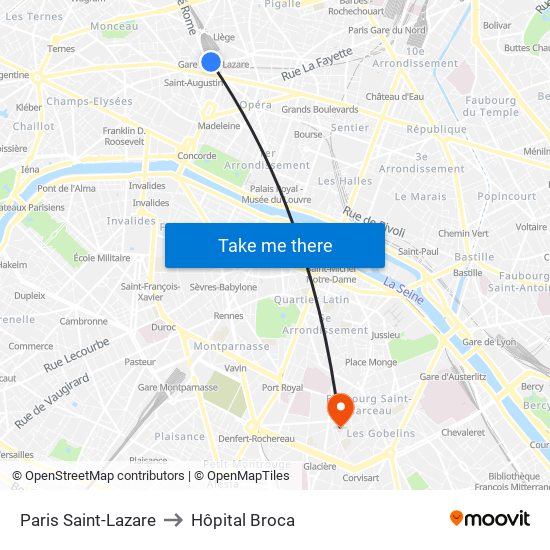 Paris Saint-Lazare to Hôpital Broca map