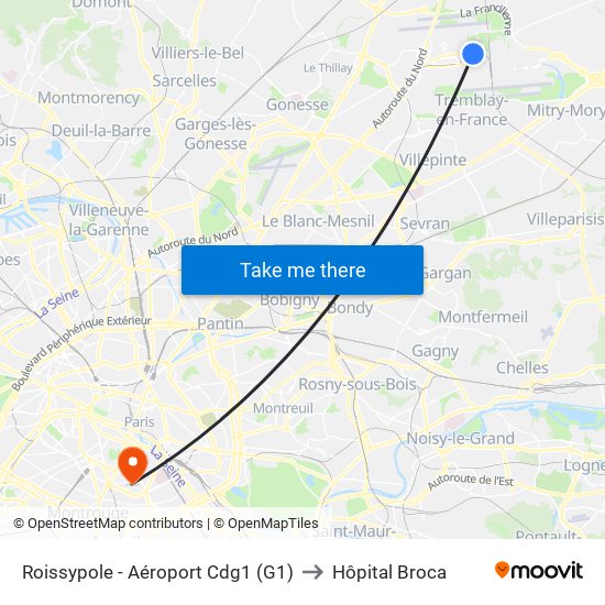 Roissypole - Aéroport Cdg1 (G1) to Hôpital Broca map
