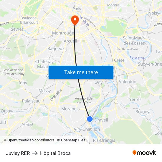 Juvisy RER to Hôpital Broca map