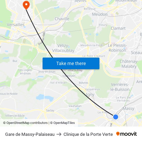 Gare de Massy-Palaiseau to Clinique de la Porte Verte map