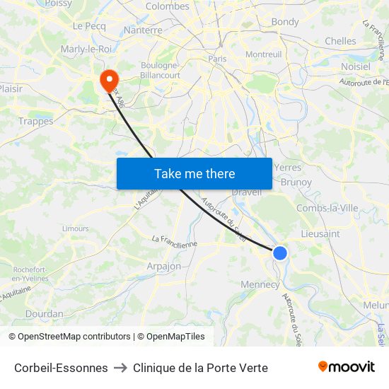 Corbeil-Essonnes to Clinique de la Porte Verte map