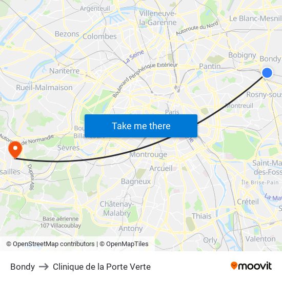 Bondy to Clinique de la Porte Verte map