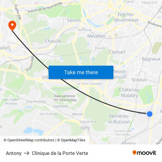 Antony to Clinique de la Porte Verte map