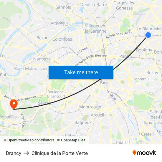 Drancy to Clinique de la Porte Verte map