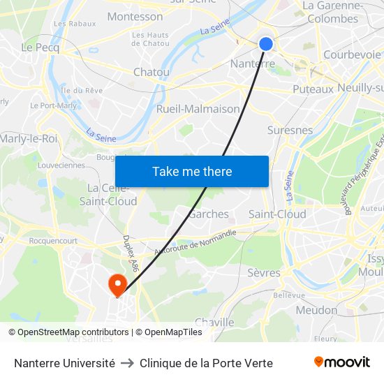 Nanterre Université to Clinique de la Porte Verte map