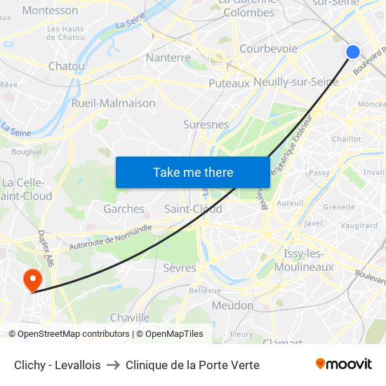 Clichy - Levallois to Clinique de la Porte Verte map