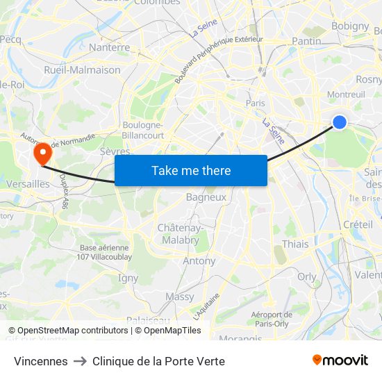 Vincennes to Clinique de la Porte Verte map