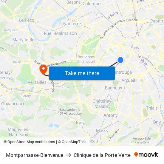 Montparnasse-Bienvenue to Clinique de la Porte Verte map