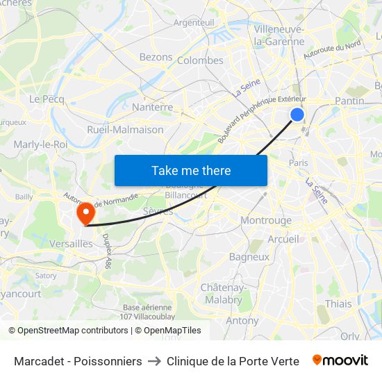 Marcadet - Poissonniers to Clinique de la Porte Verte map