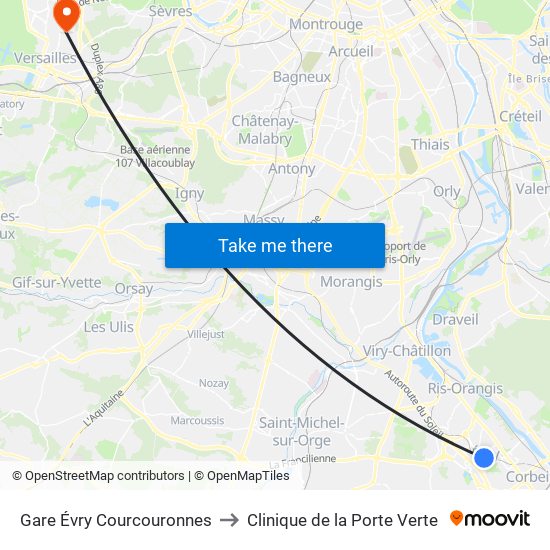 Gare Évry Courcouronnes to Clinique de la Porte Verte map