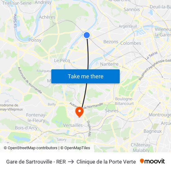 Gare de Sartrouville - RER to Clinique de la Porte Verte map