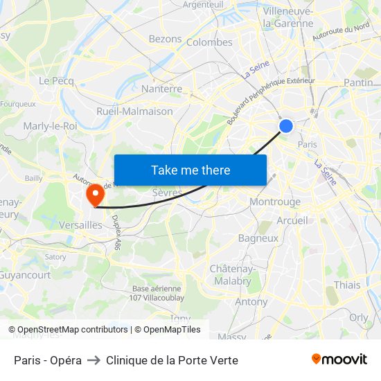 Paris - Opéra to Clinique de la Porte Verte map