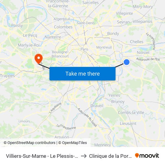 Villiers-Sur-Marne - Le Plessis-Trévise RER to Clinique de la Porte Verte map