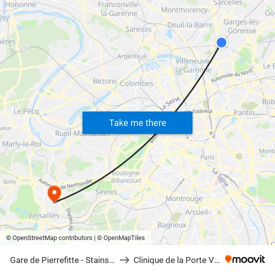 Gare de Pierrefitte - Stains RER to Clinique de la Porte Verte map