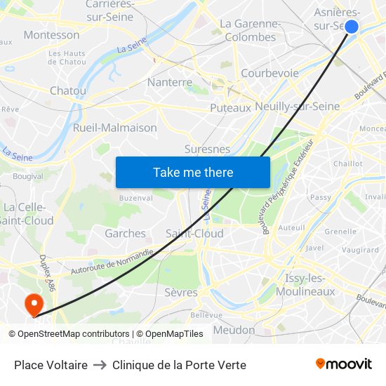 Place Voltaire to Clinique de la Porte Verte map
