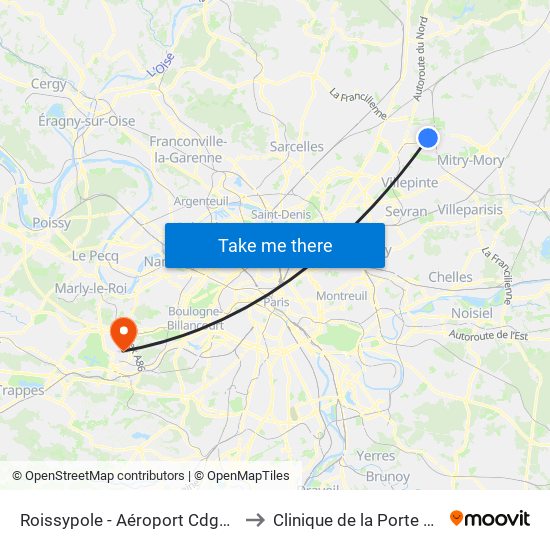 Roissypole - Aéroport Cdg1 (D1) to Clinique de la Porte Verte map