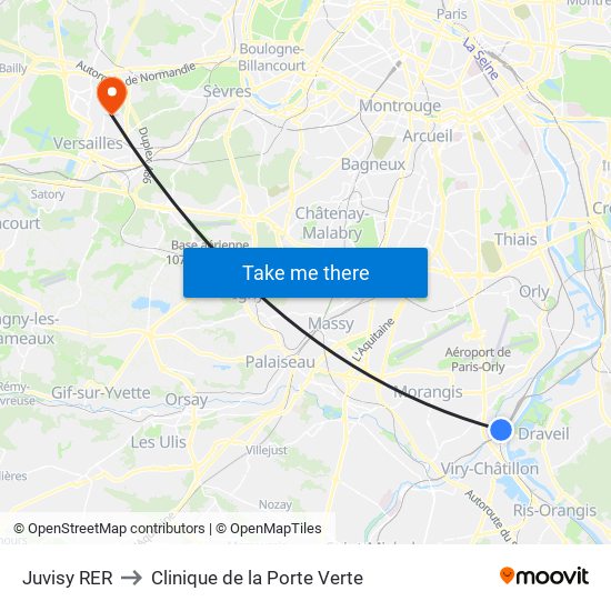 Juvisy RER to Clinique de la Porte Verte map