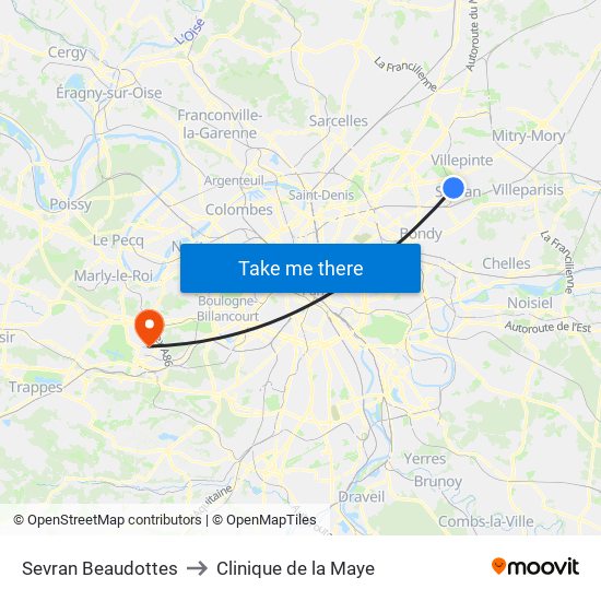 Sevran Beaudottes to Clinique de la Maye map